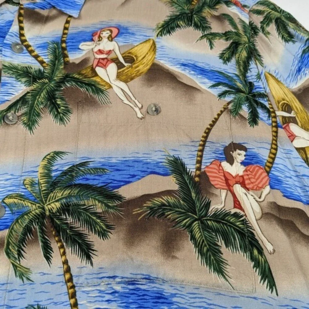 Pierre Cardin Men's Hawaiian Pin-Up Girl‎ Button Shirt Size L Blue Beach Rayon